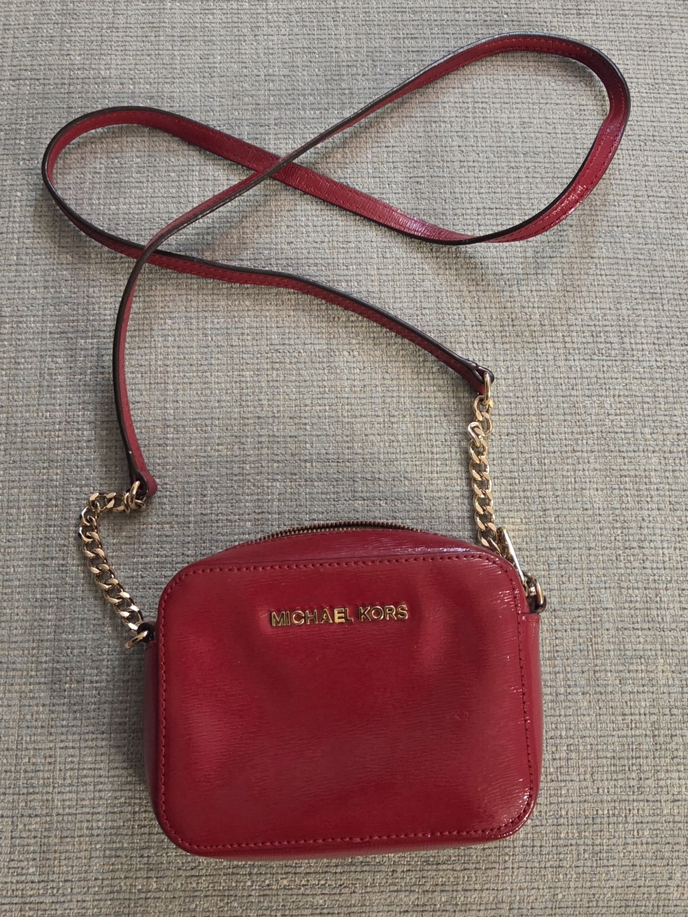 Michael Kors Red Leather Crossbody with Gold Chain Accent
